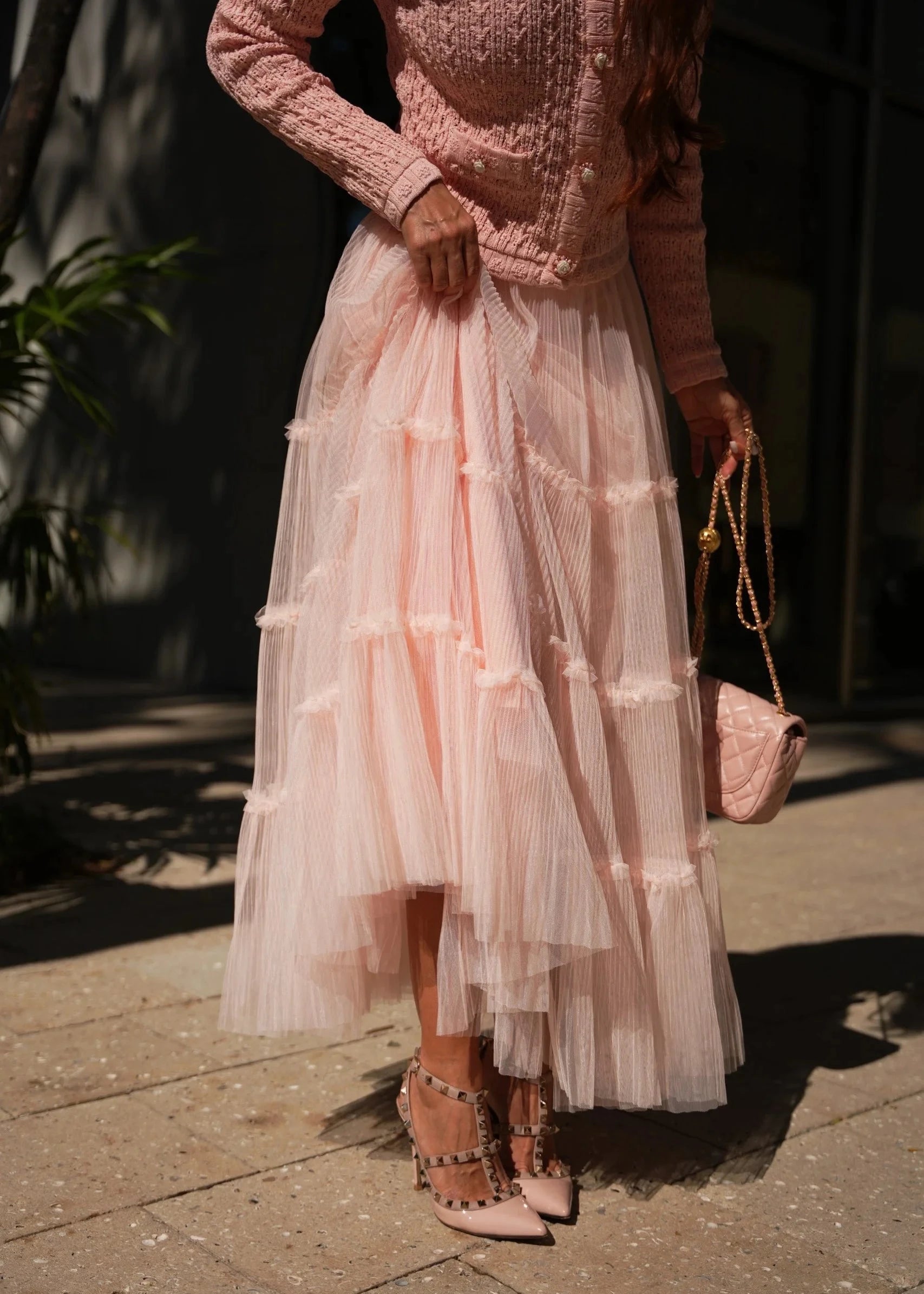 Blush Pink Knit Cardigan & Tiered Tulle Maxi Skirt Set – PEGASI Blush Pink Knit Cardigan & Tiered Tulle Maxi Skirt Set – PEGASI