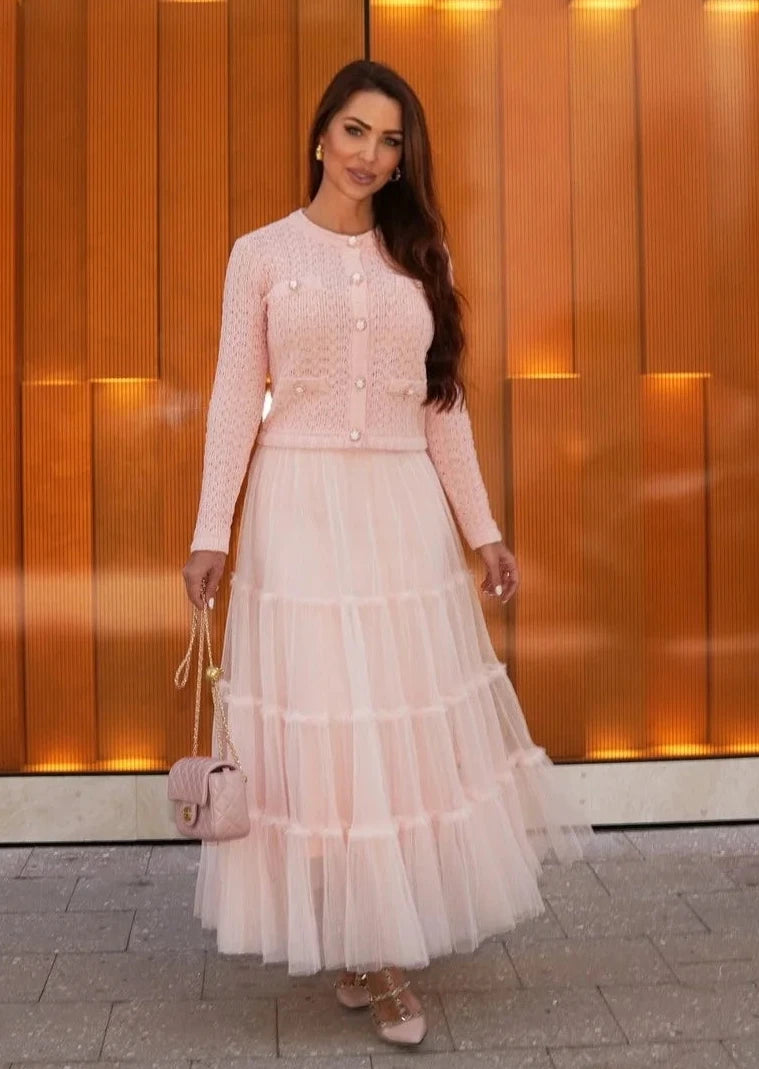 Blush tiered tulle set front view with layered skirt and elegant top