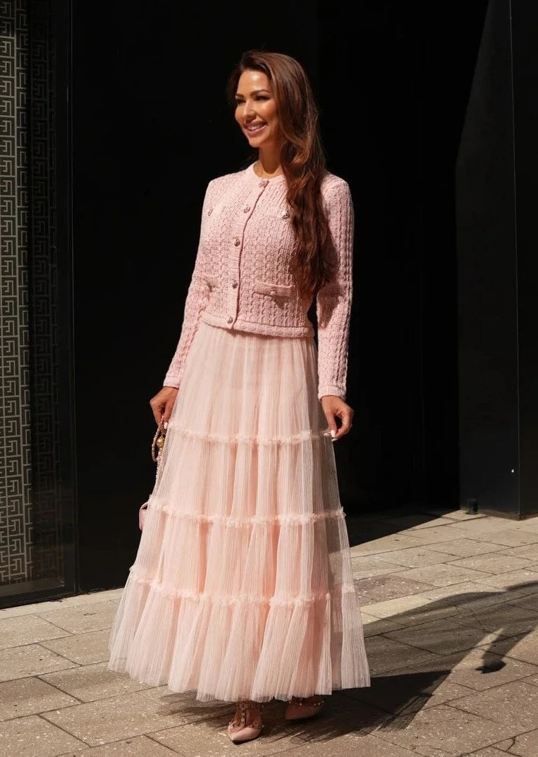 Blush tiered tulle set top with delicate design and fine craftsmanship