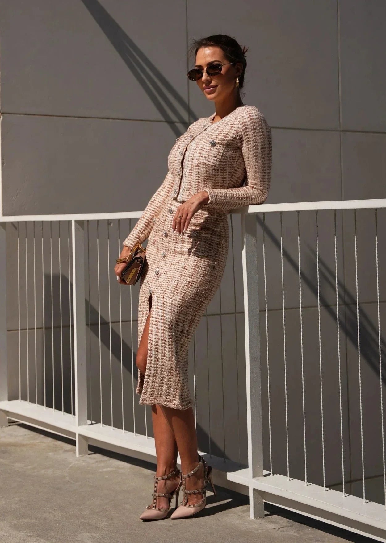 Blush tweed knit set with coordinated cardigan and skirt, polished elevated two-piece outfit.