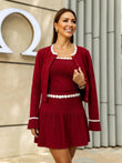 Burgundy knit skirt set with crop top and pleated mini skirt outfit