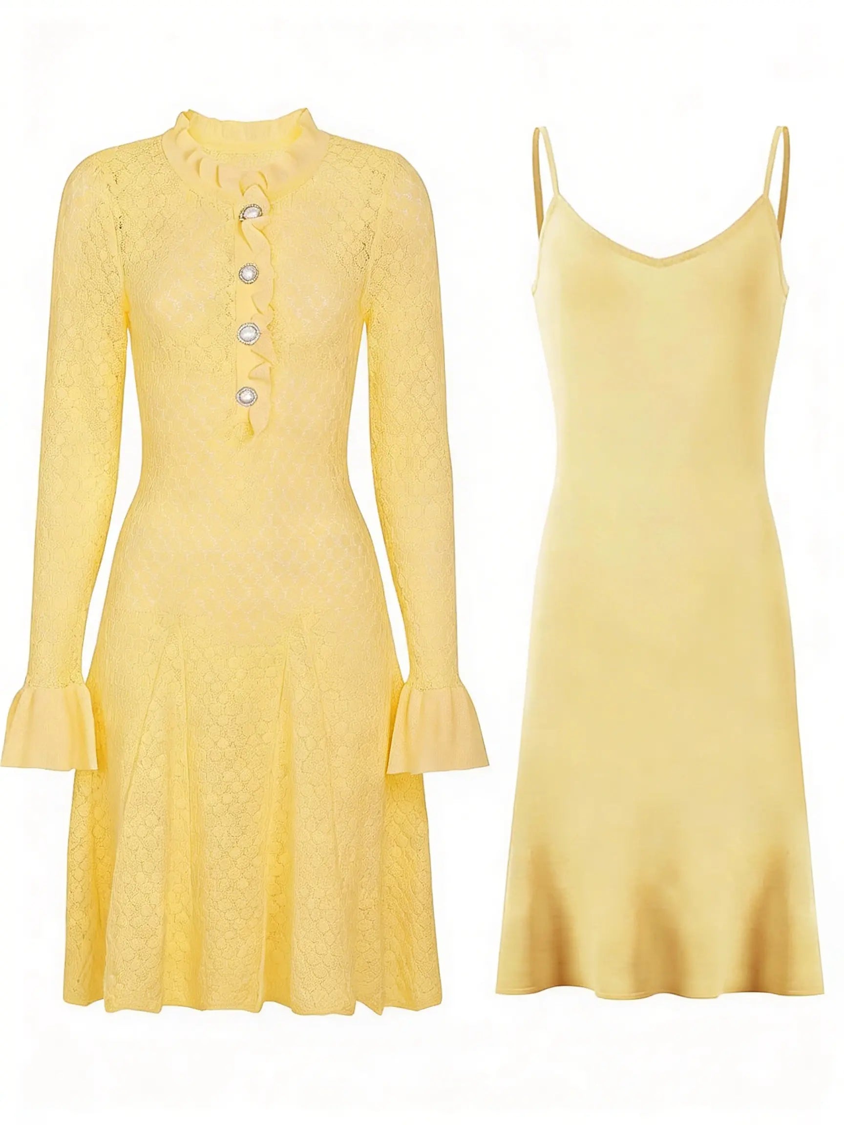 Buttery yellow textured knit midi dress with matching underdress lining shown together