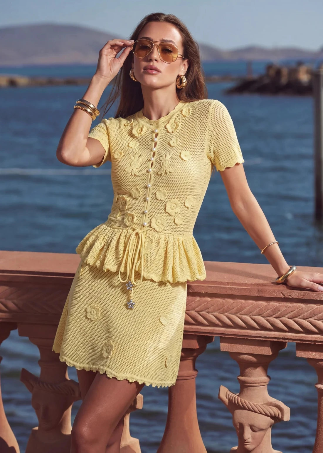 Fleur Yellow Floral Crochet Peplum Mini Dress Fleur Yellow Floral Crochet Peplum Mini Dress