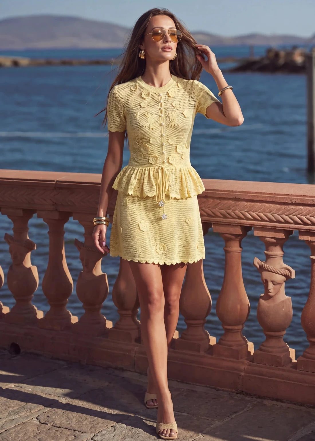 Fleur Yellow Floral Crochet Peplum Mini Dress Fleur Yellow Floral Crochet Peplum Mini Dress