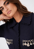 Galatea navy nautical knit dress with crystal charm pockets and crochet detailing