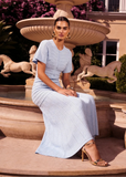 sky blue genevieve maxi dress with pointelle knit pattern and button-front design