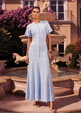 genevieve sky blue pointelle knit maxi dress with flutter sleeves