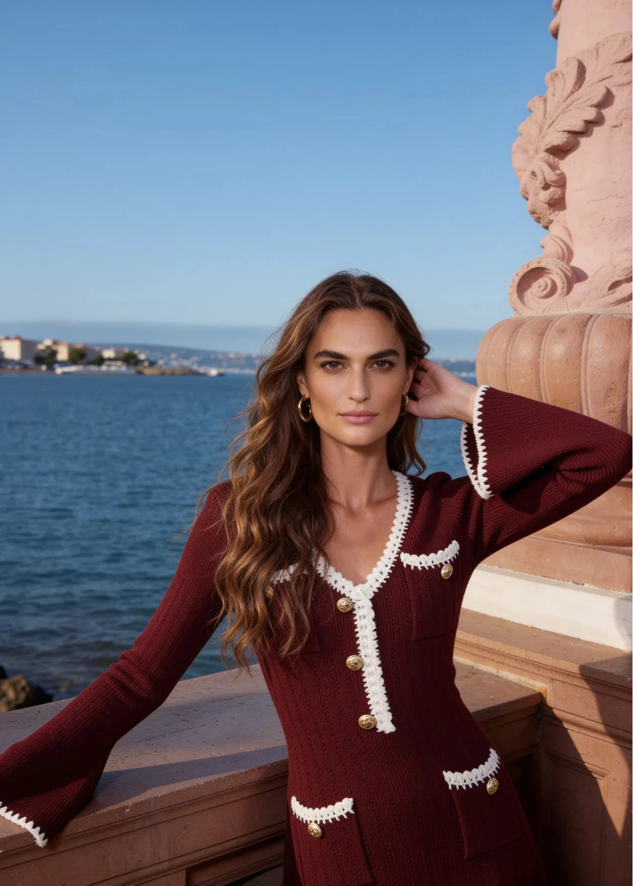 Zinovia Burgundy Crochet-Trim Knit Sweater Dress