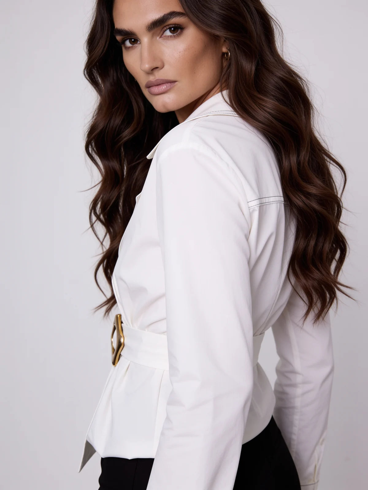 Ottavia White Contrast-Stitch Belted Blouse
