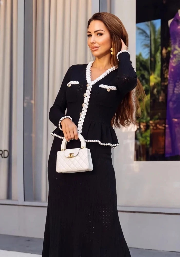 Florentina Black Pearl-Trim Peplum Knit Maxi Dress