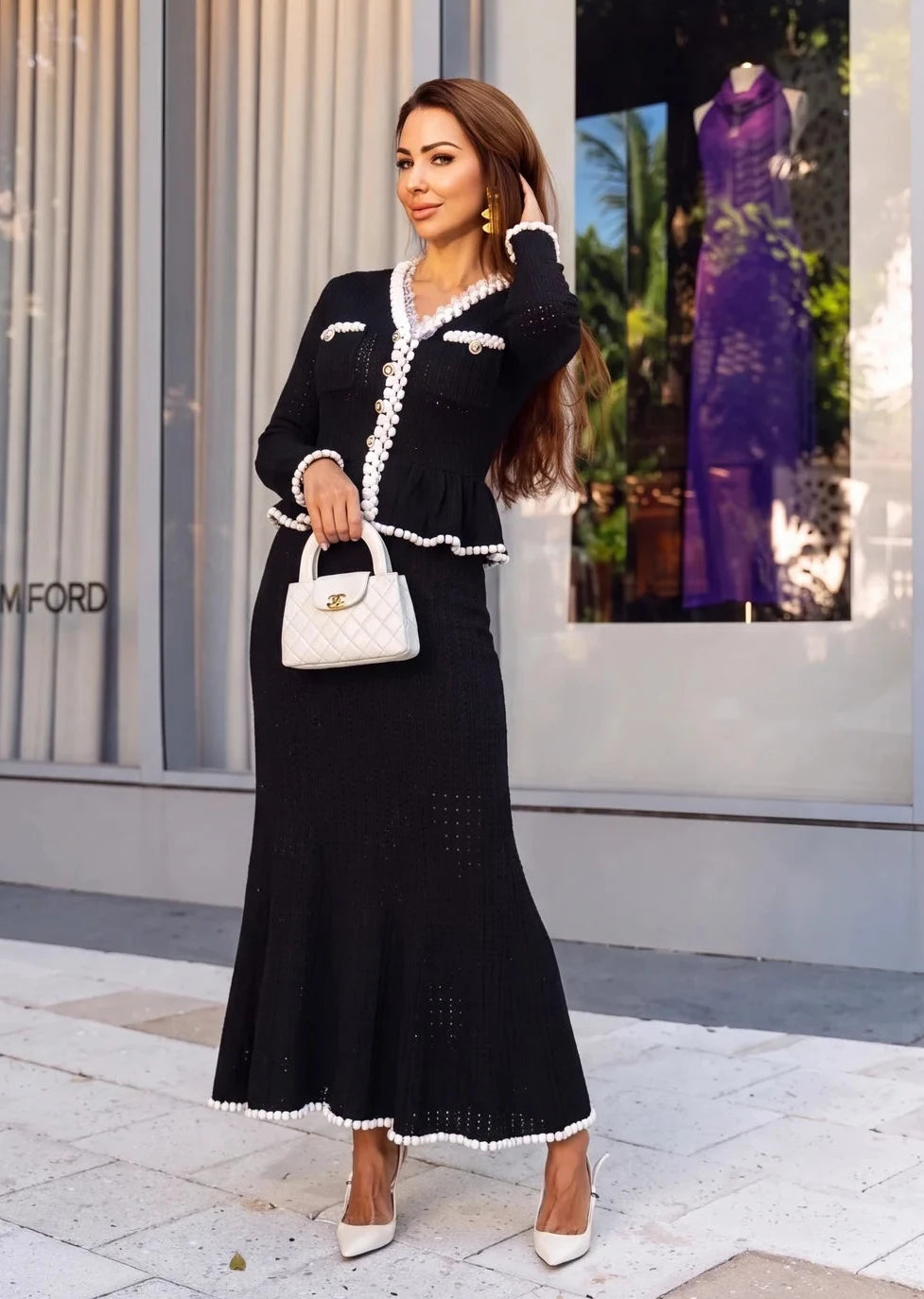 Florentina Black Pearl-Trim Peplum Knit Maxi Dress