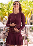 Burgundy Studded Knit Cardigan & Pleated Skirt Set