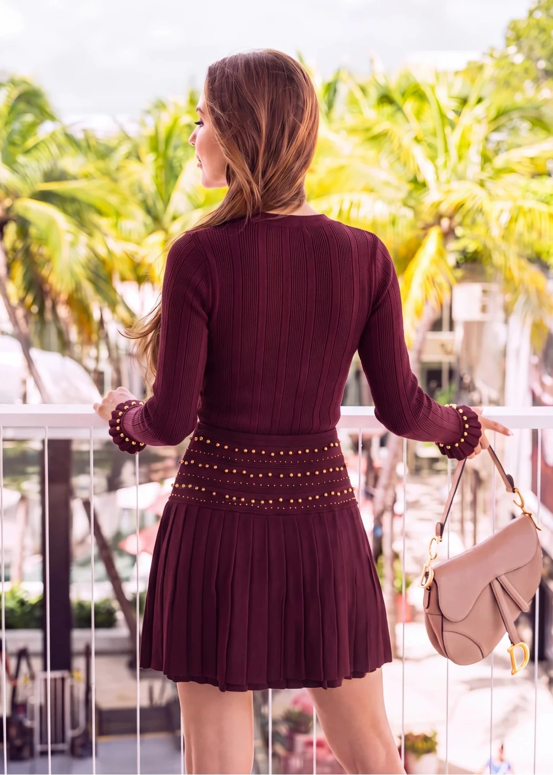 Burgundy Studded Knit Cardigan & Pleated Skirt Set