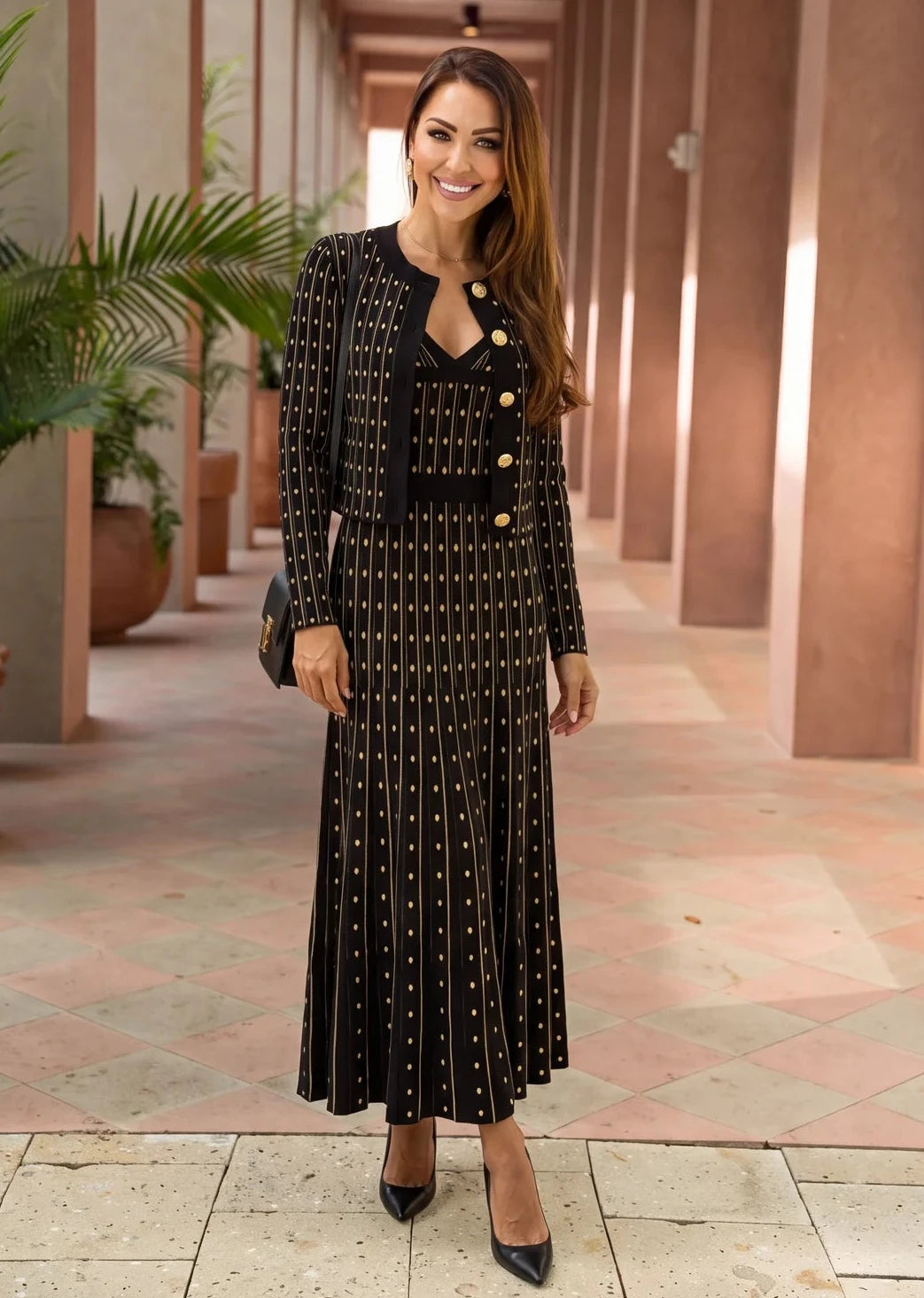 Black & Gold Knit Cardigan & Maxi Dress Set