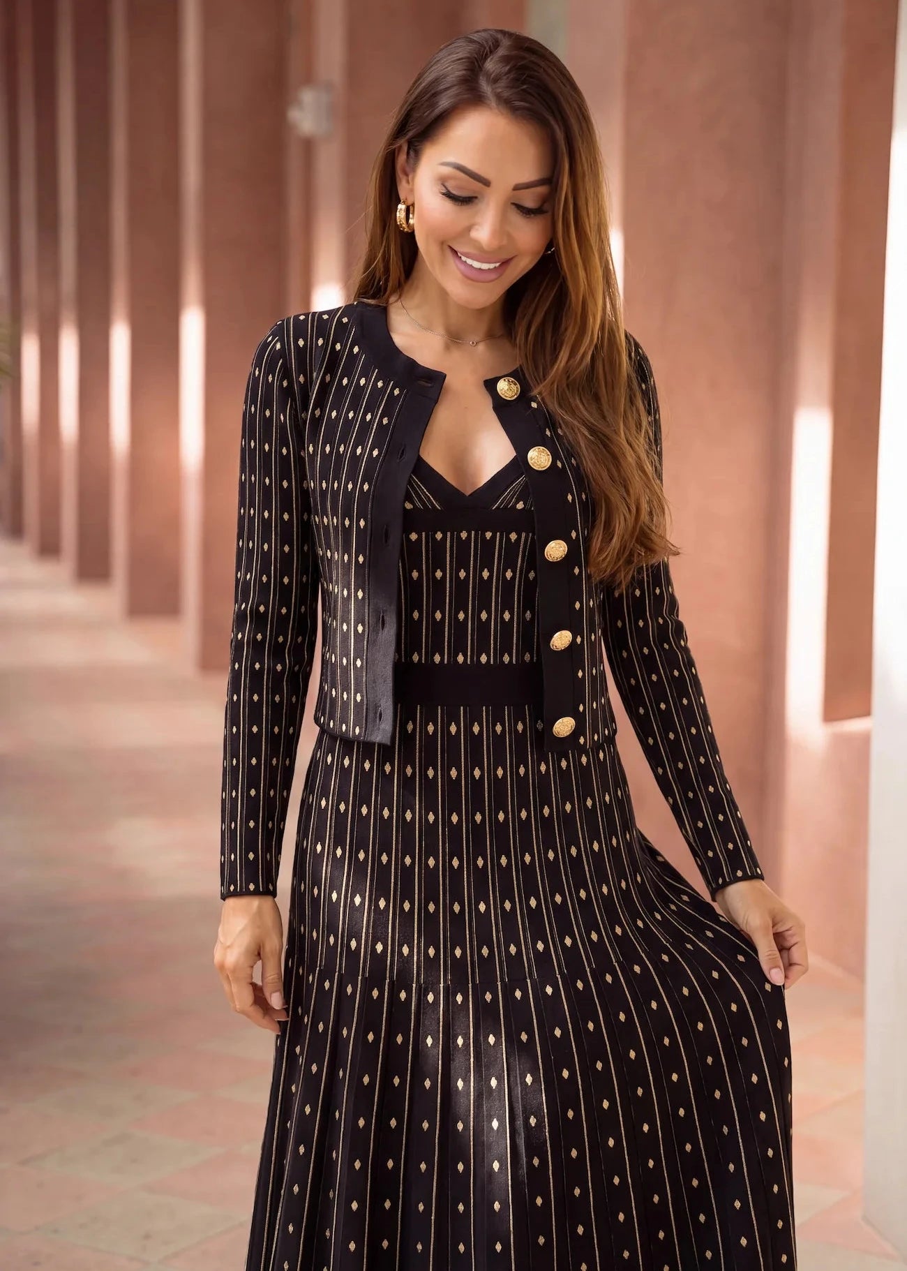 Black & Gold Knit Cardigan & Maxi Dress Set