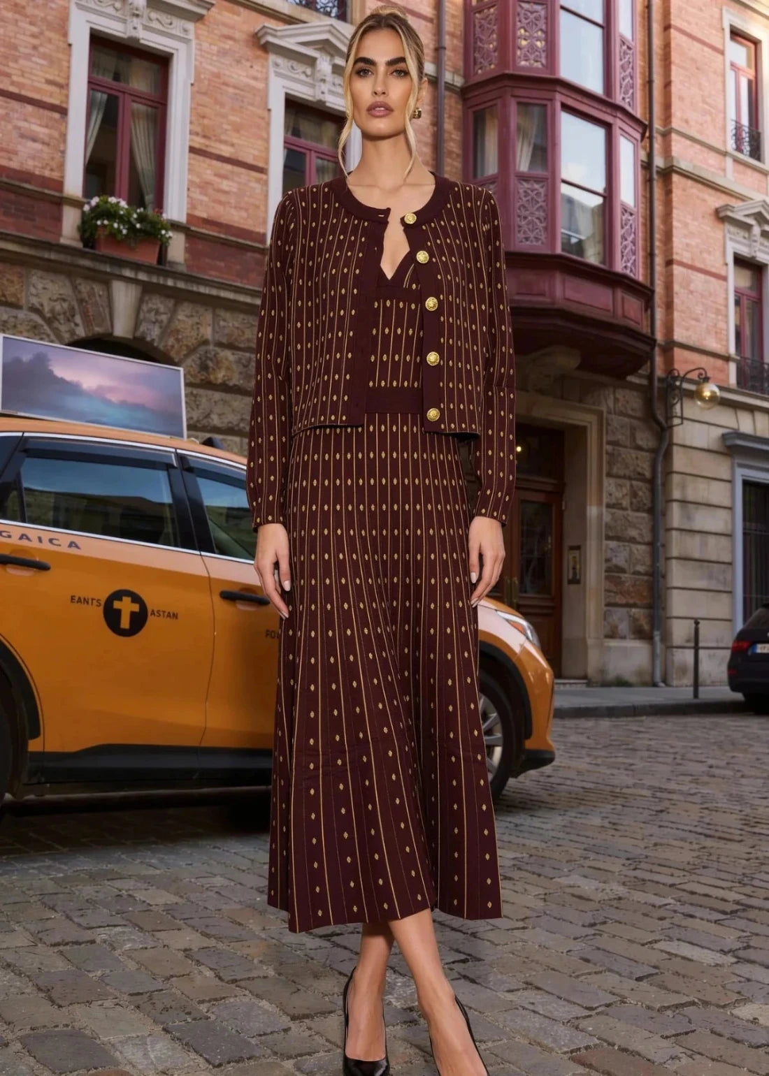 Burgundy & Gold Knit Cardigan & Maxi Dress Set