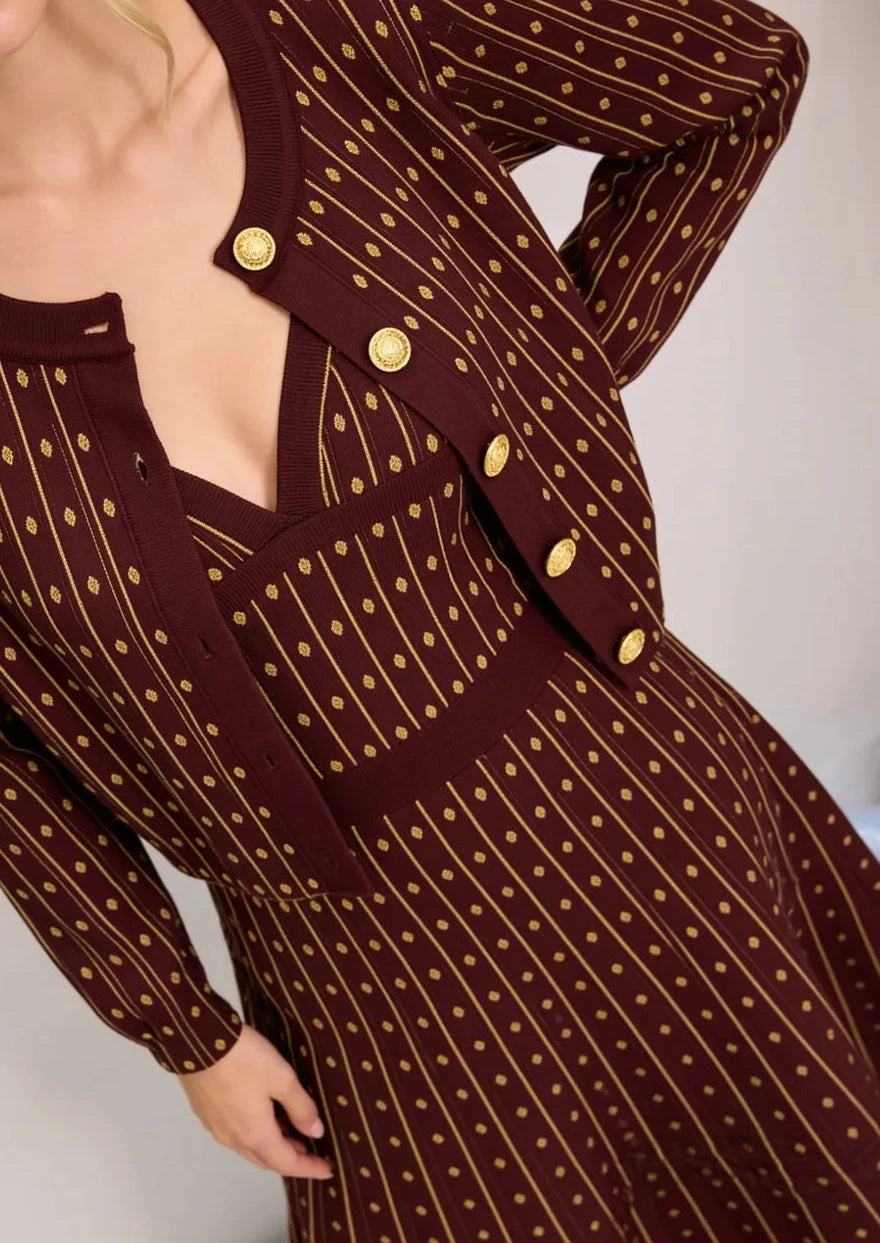 Burgundy & Gold Knit Cardigan & Maxi Dress Set