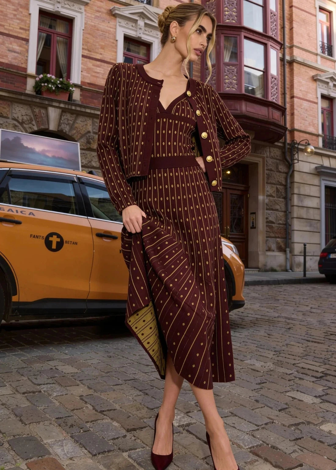Burgundy & Gold Knit Cardigan & Maxi Dress Set