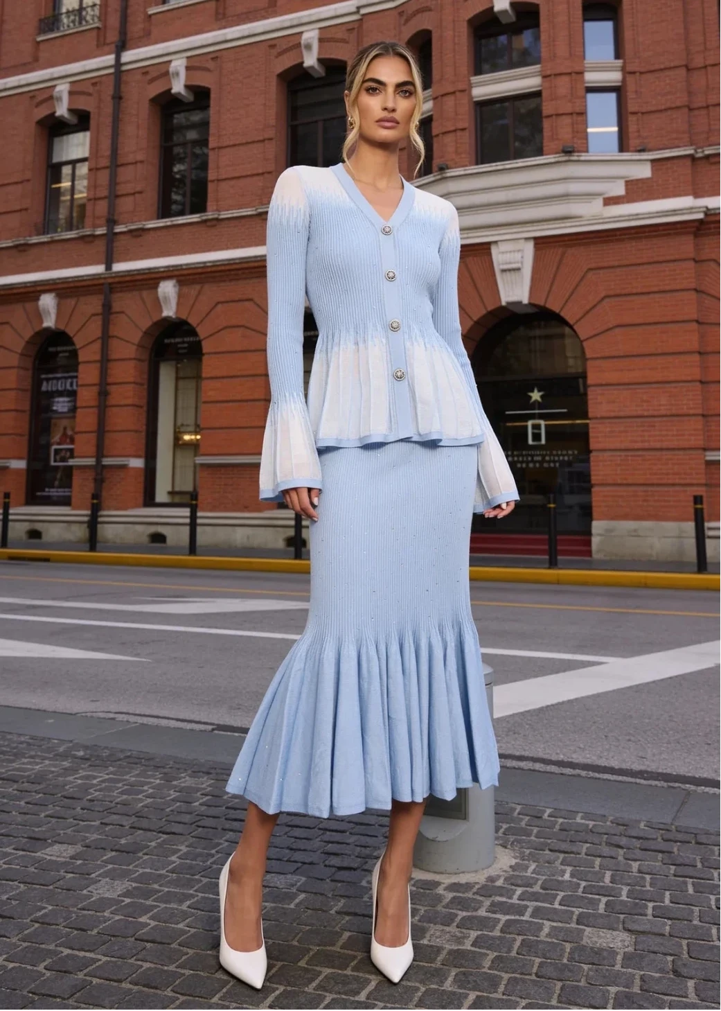 Powder Blue Crystal Knit Cardigan & Mermaid Skirt Set