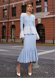 Powder Blue Crystal Knit Cardigan & Mermaid Skirt Set
