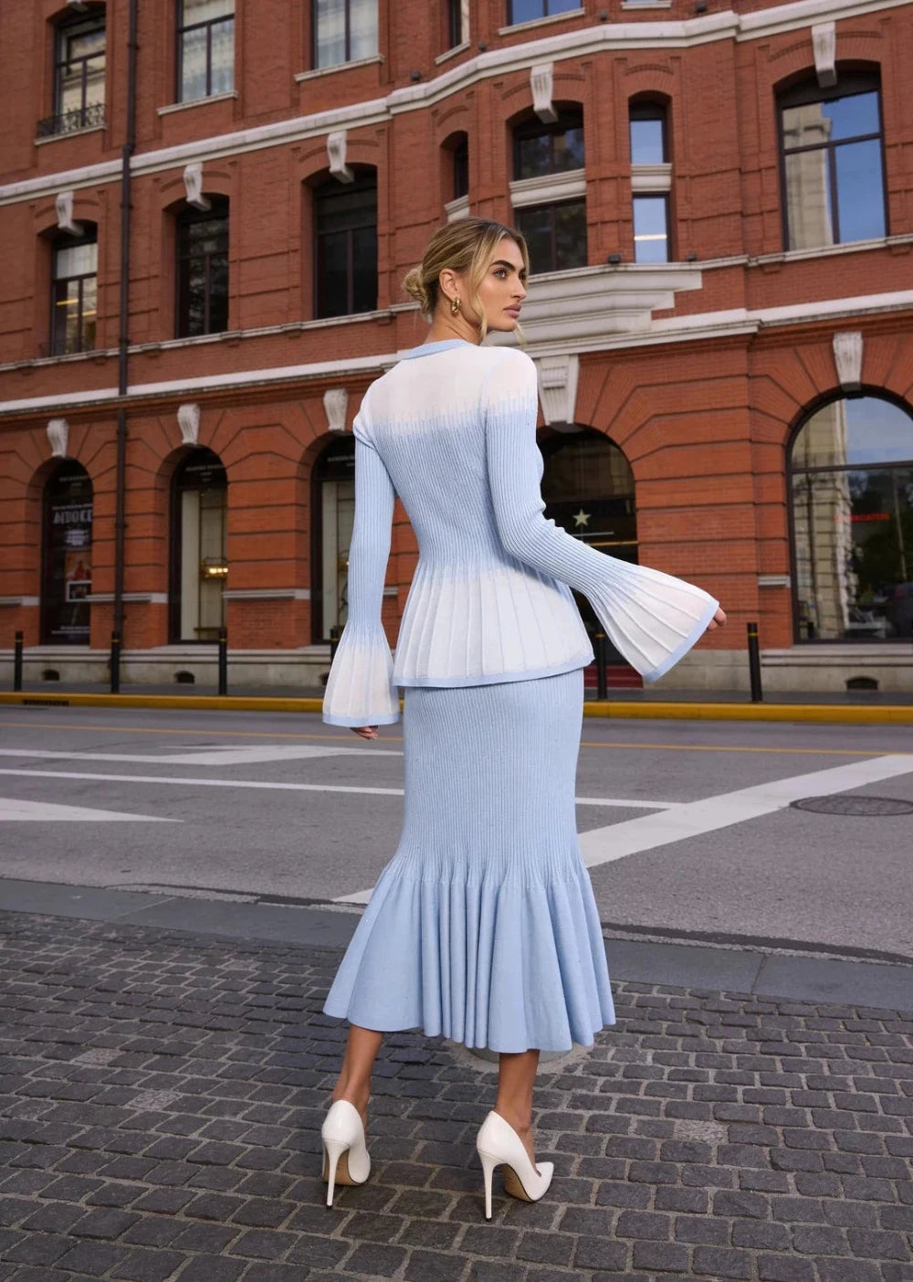 Powder Blue Crystal Knit Cardigan & Mermaid Skirt Set