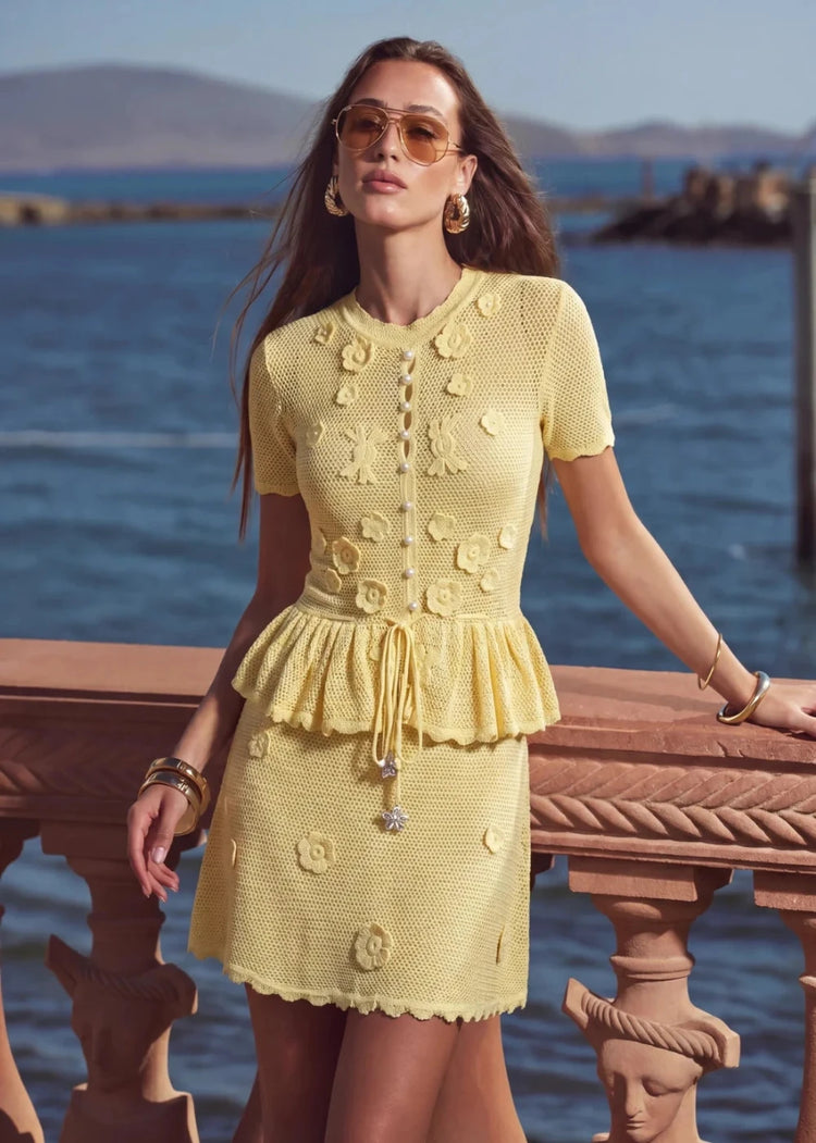 Fleur Yellow Floral Crochet Peplum Mini Dress | PEGASI