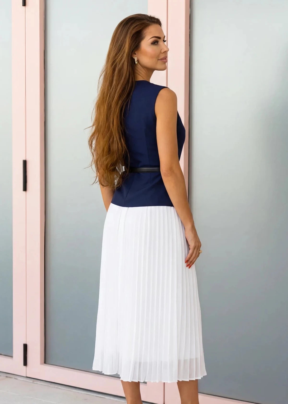 navy bodice with gold button detail elegant women dress