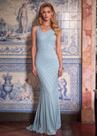 Ondine Sage Blue Pleated Mermaid Maxi Dress with a sculpted silhouette for elegant evening occasions