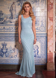 Ondine Sage Blue Pleated Mermaid Maxi Dress with a sculpted silhouette for elegant evening occasions