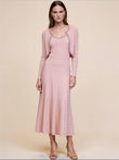 PEGASI pink ribbed knit cardigan and midi dress set with pearl and crystal trim, cardigan worn open, front view