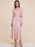 PEGASI pink ribbed knit cardigan and midi dress set with pearl and crystal trim, cardigan worn open, front view