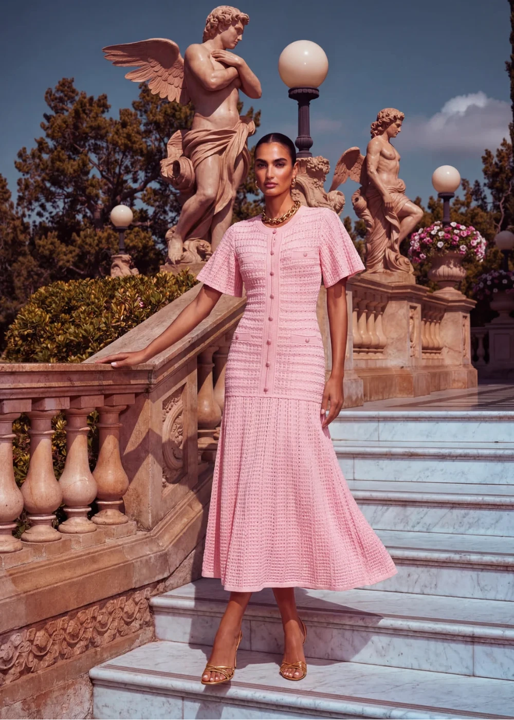 Pink pointelle knit midi dress