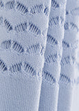 Close-up of elegant powder blue knit mermaid dress neckline and pointelle detailing
