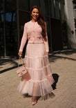 Romantic blush tiered tulle set styled for date nights and bridal showers