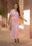 Romantic pink lace knit set with cardigan and matching skirt for a chic feminine look