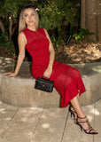 Red bodycon knit midi dress with sculpting fit and high neckline