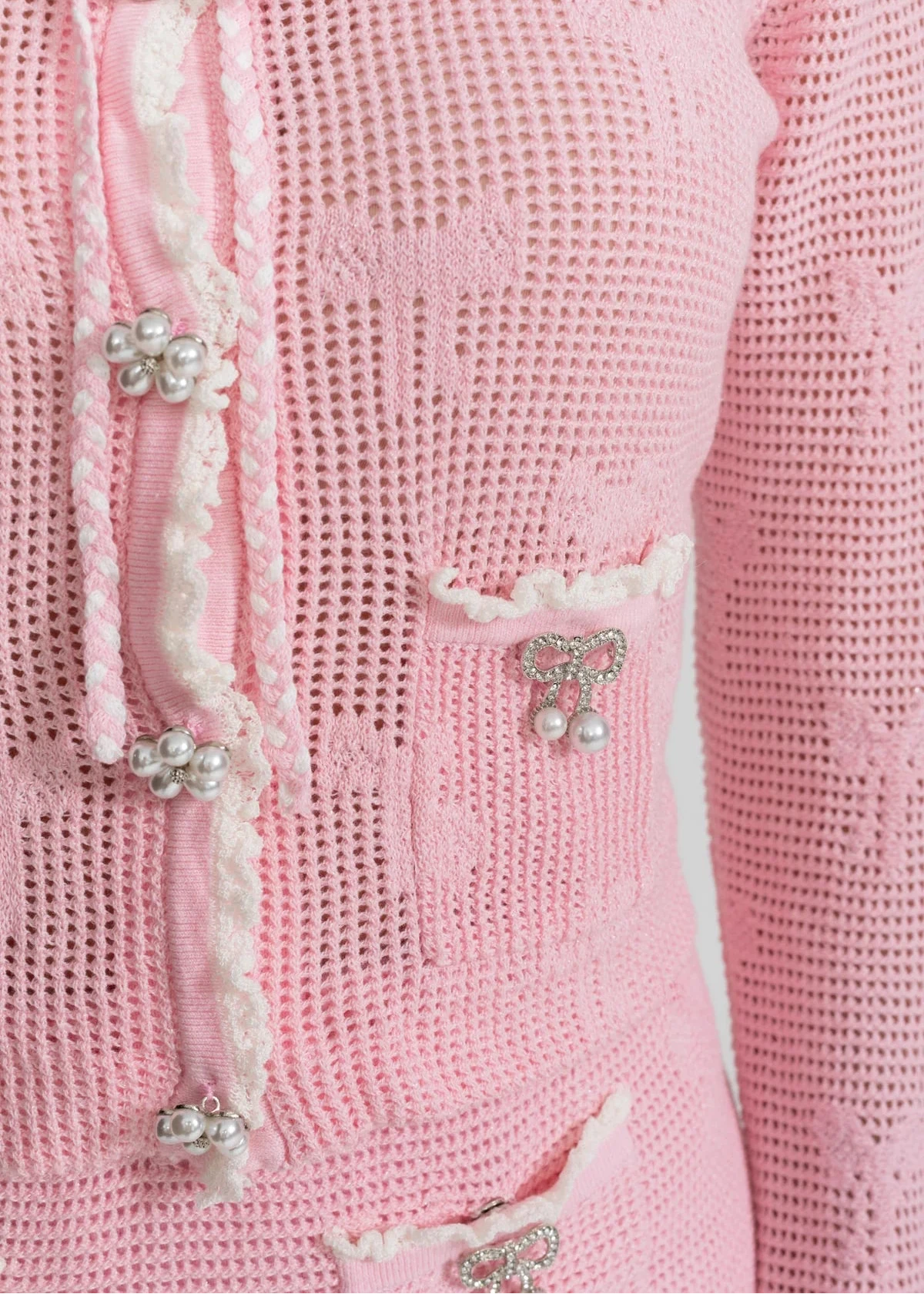 Pink Bow Detail Knit Cardigan & Skirt Set – Soft Elegant Two-Piece