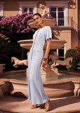 sky blue pointelle knit maxi dress with button front and flutter sleeves