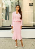 Shoppegasi Midi Skirt & Cardigan Set in Pointelle Knit - Pink | Elegant & Feminine Knitwear