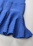 side view of royal blue knit fit and flare dress