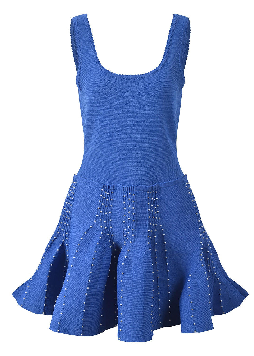 back view of royal blue knit fit and flare dress showing silhouette