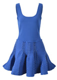 back view of royal blue knit fit and flare dress showing silhouette