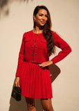 Tailored red knit cardigan and skirt set with flattering feminine silhouette