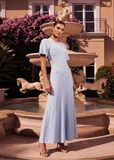 women’s sky blue knit maxi dress with pointelle detailing and flutter sleeves