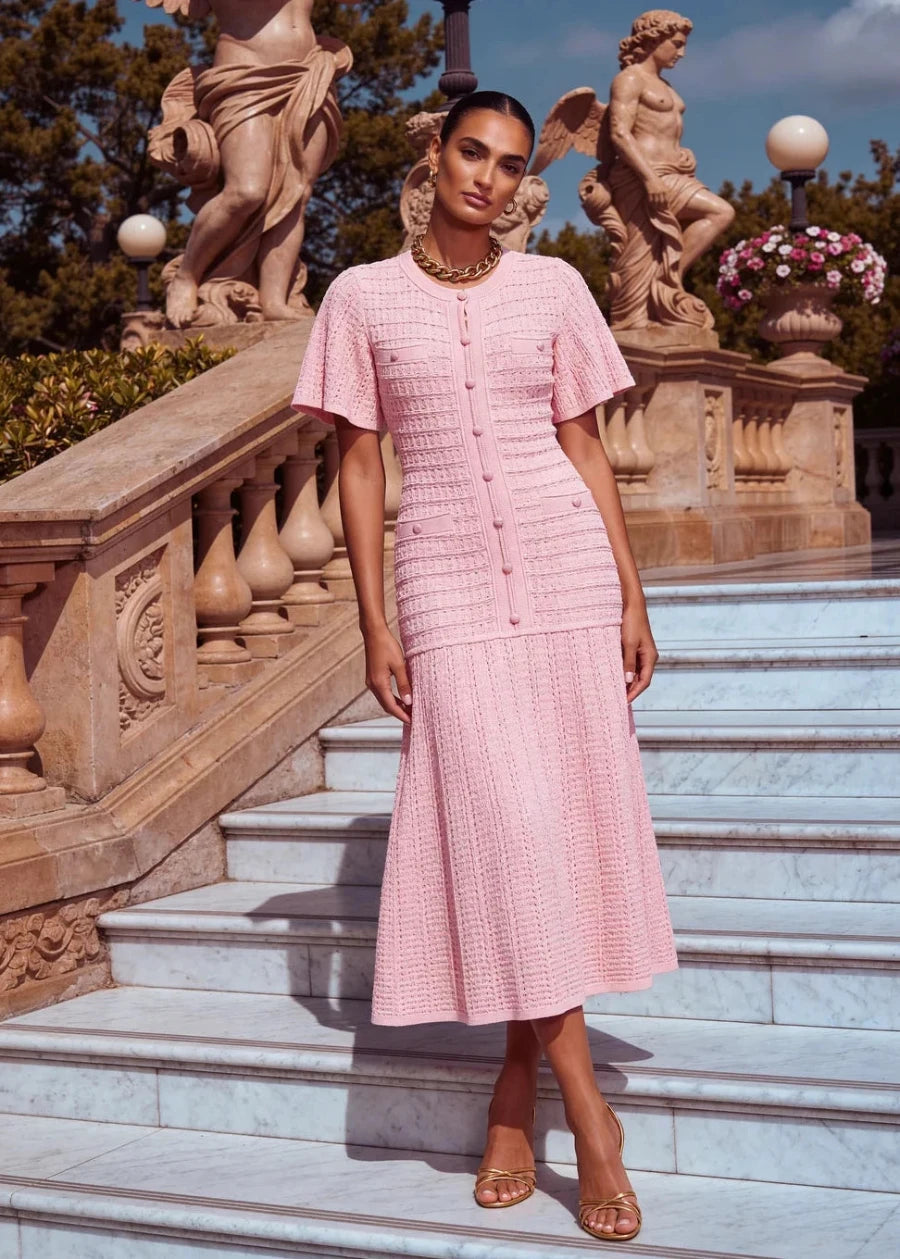 Women's pink pointelle dress with a midi silhouette