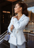 Double Breasted Long Tweed Blazer - Light Blue