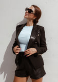 VEGAN LEATHER COLLAR BLAZER WITH GOLD BUTTONS