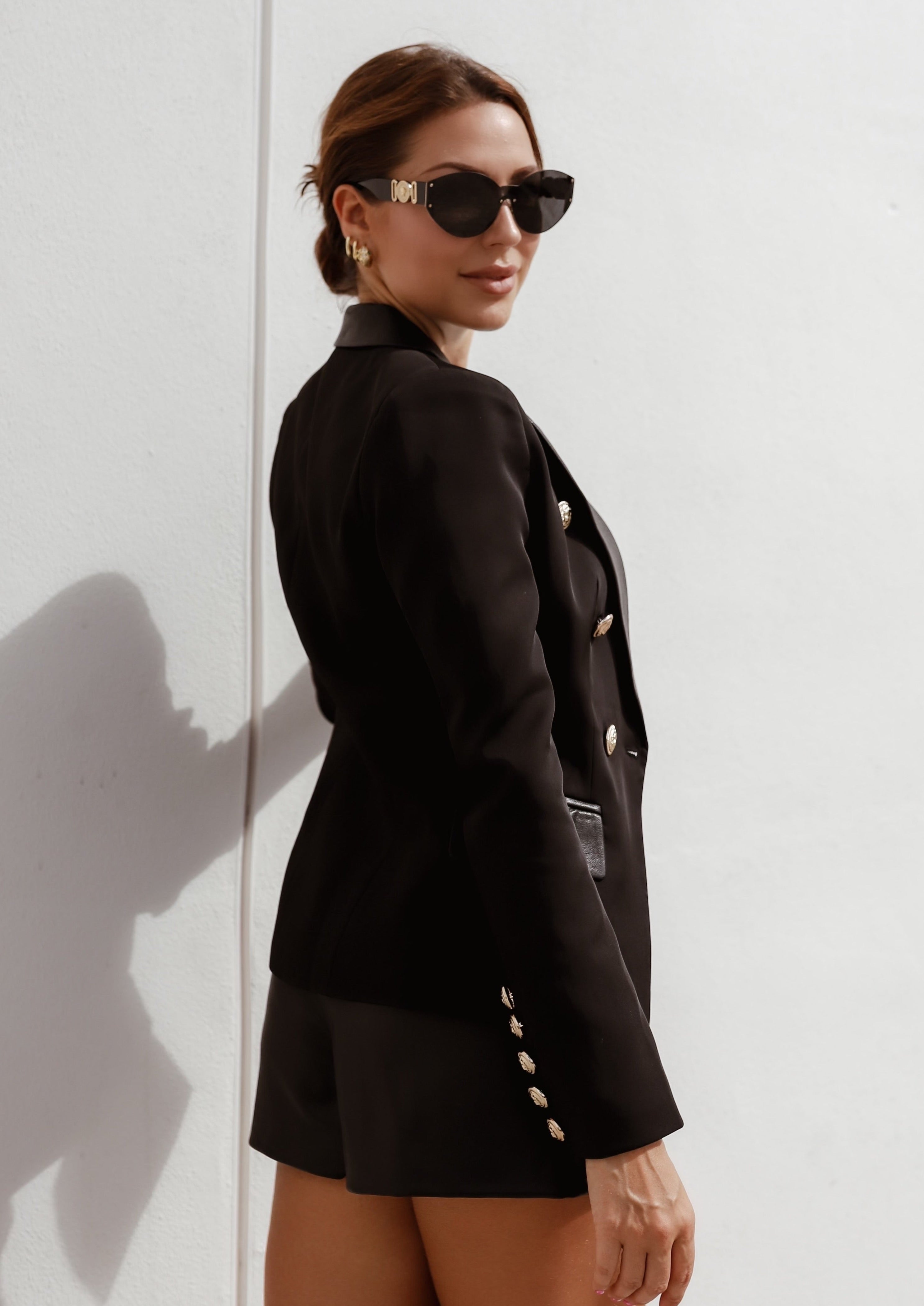 VEGAN LEATHER COLLAR BLAZER WITH GOLD BUTTONS