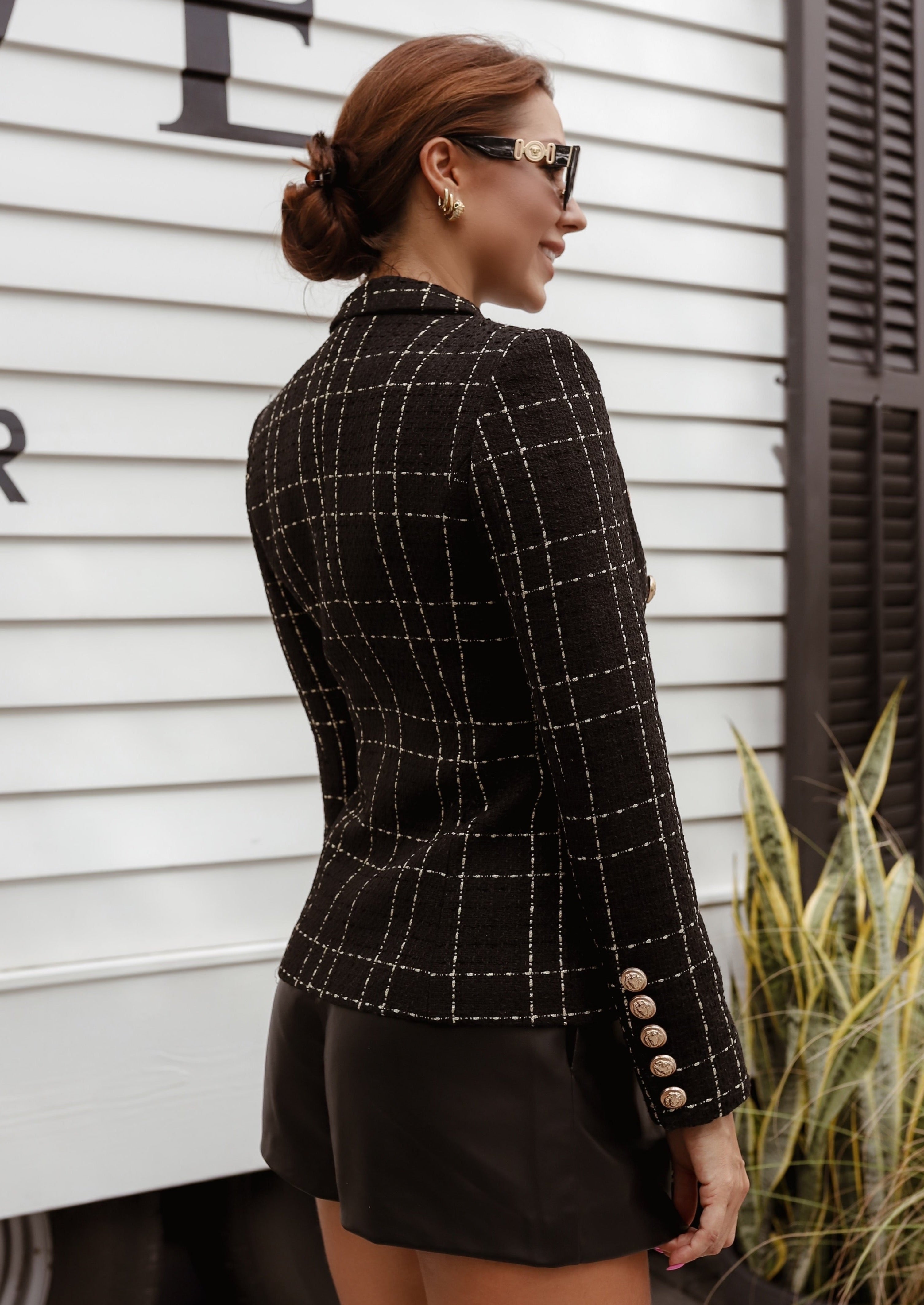 Double Breasted Checkered Tweed Blazer with Gold details