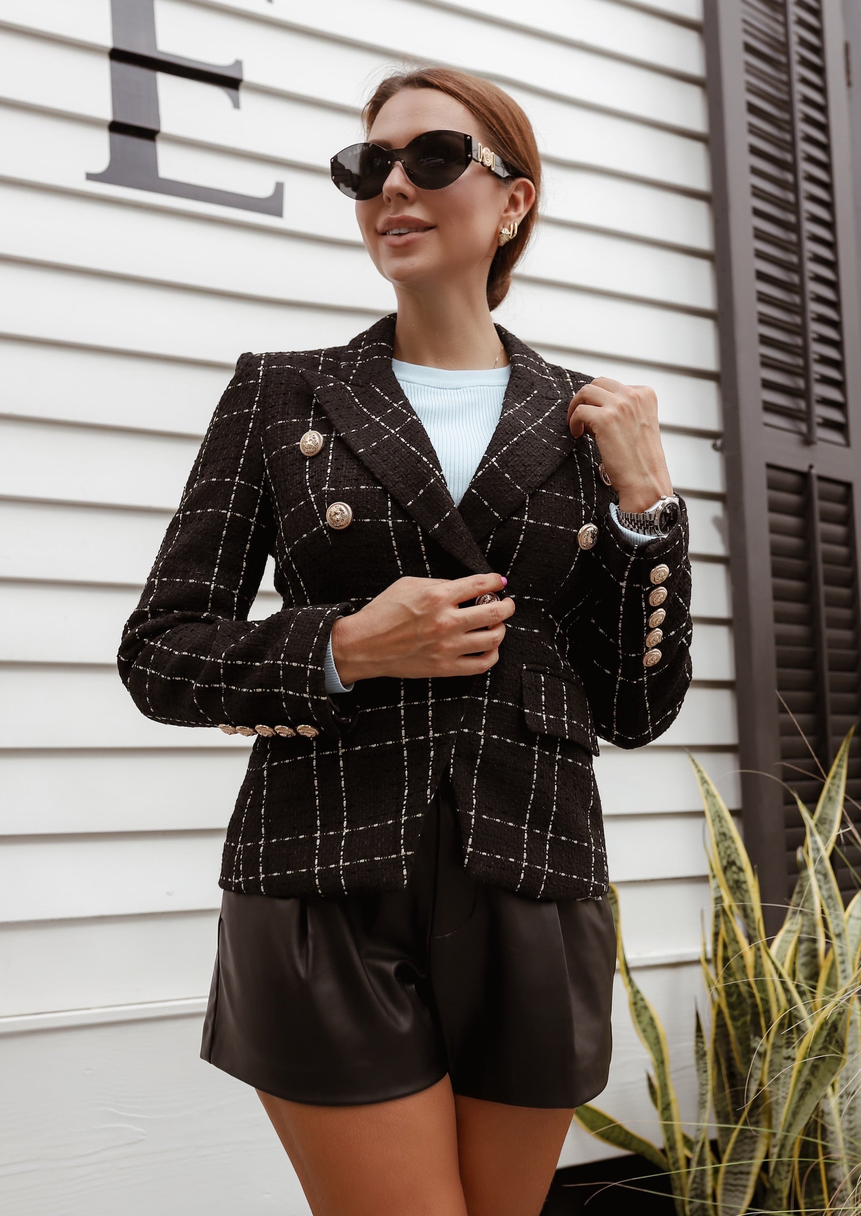 Double Breasted Checkered Tweed Blazer with Gold details